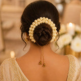 Traditional artificial jasmine gajra cream pearl hair accessory with gold chain and bells for bridal mehndi and weddings