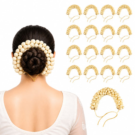 Beige pearl-adorned traditional artificial jasmine gajra with gold-toned wire for bridal mehndi and wedding hair bun accessory