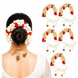 Traditional artificial jasmine gajra with red and white floral design gold twisted cord and small bells for bridal hair
