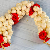 Traditional artificial jasmine gajra handmade with cream and red artificial roses for bridal mehndi and weddings