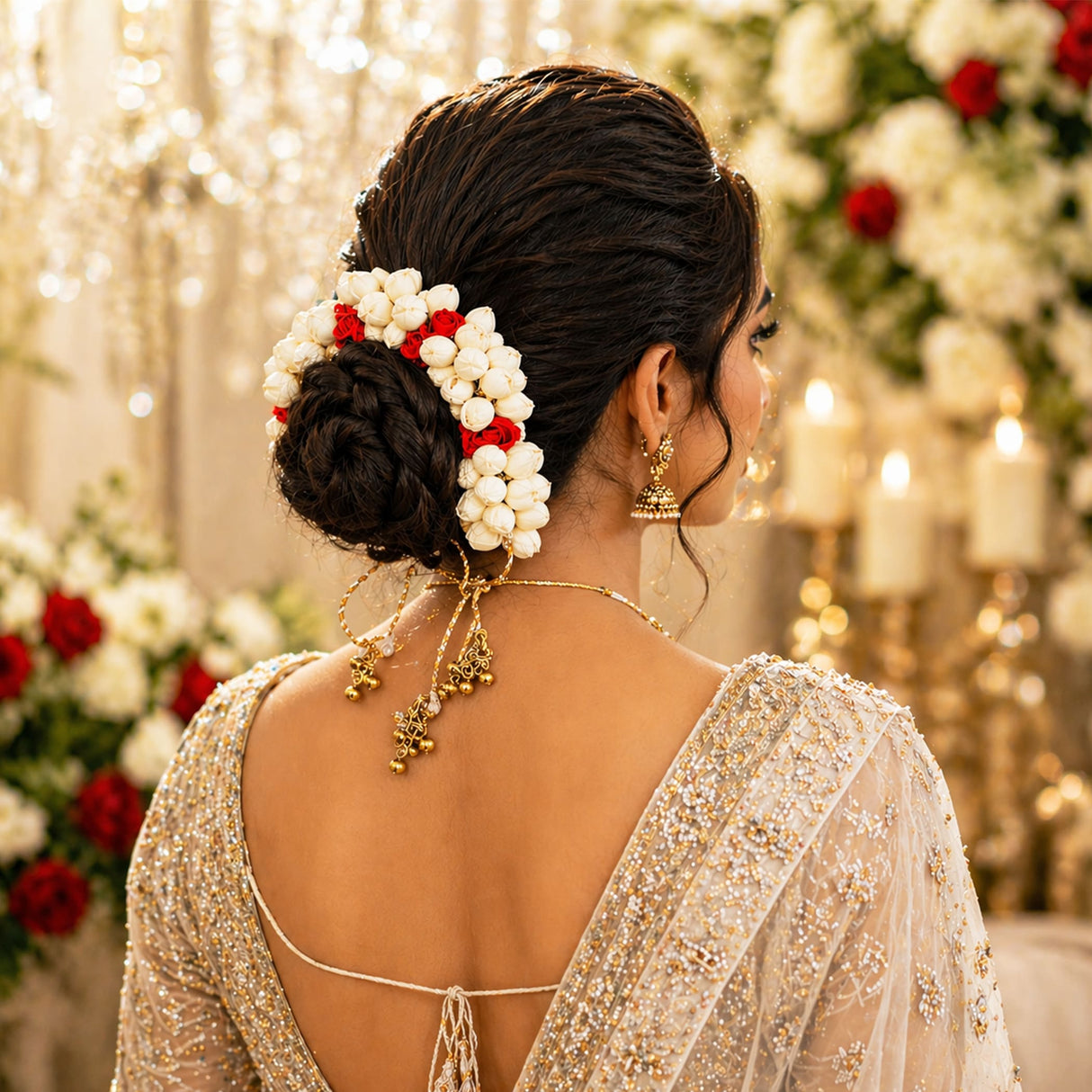 A woman’s dark hair styled in an elegant updo adorned with a handmade traditional artificial jasmine gajra featuring white and red blossoms