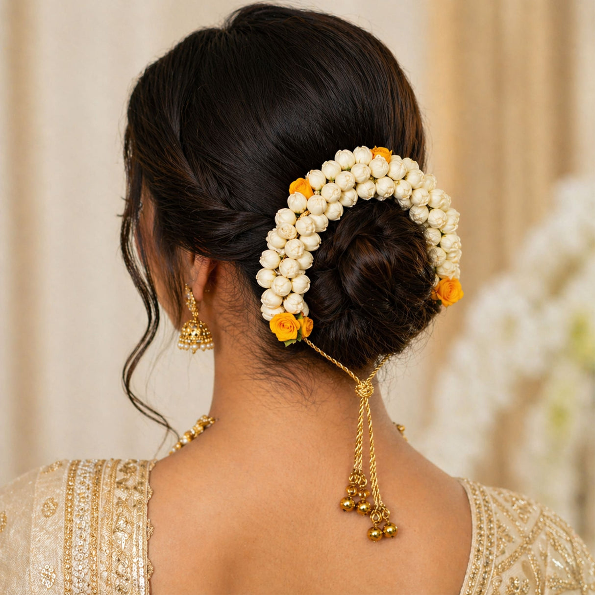 Delicate gold-toned traditional artificial jasmine gajra with white jasmine and orange blossoms for bridal hair