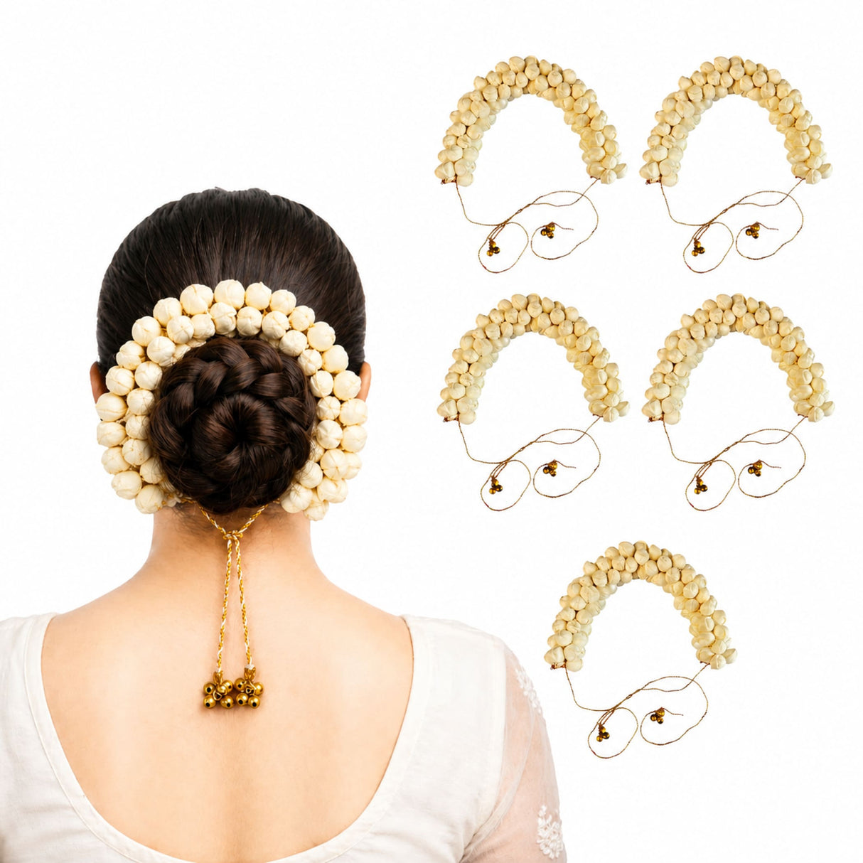 Cream-colored traditional artificial jasmine gajra with gold chain and small bells for bridal mehndi and weddings
