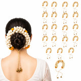 Traditional artificial jasmine gajra hair accessory with beige and yellow floral design gold-toned chain and bells