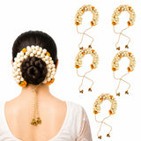 Traditional artificial jasmine gajra hair accessory with white and orange flowers gold string and bells for bridal use