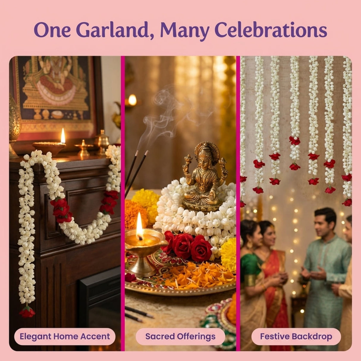 White and red jasmine floral garland for Diwali and wedding decor