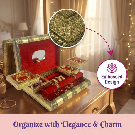 Gold embossed jewelry box organizer with red velvet interior and bangles holder