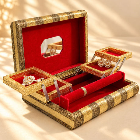 Jewelry box organizer with gold patterns, red velvet interior, and mirrored compartment for bangles and travel use