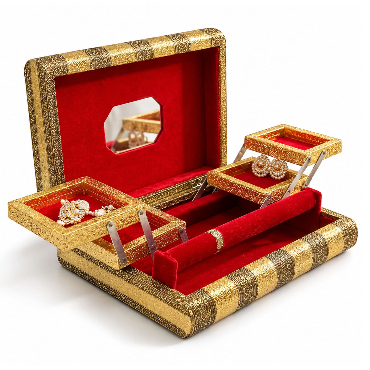 Jewelry box organizer with gold pattern, red velvet interior, mirrored compartment, and bangles holder for women