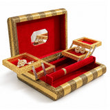 Jewelry box organizer with gold pattern, red velvet interior, mirrored compartment, and bangles holder for women