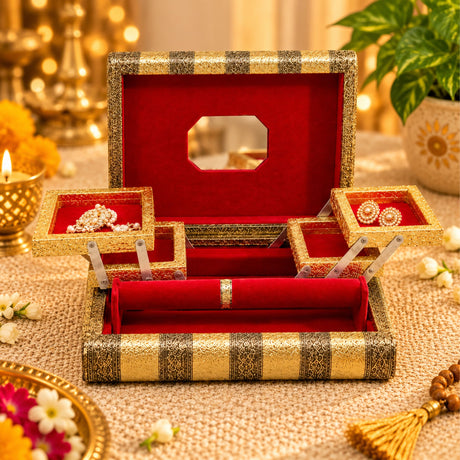 Gold-colored jewelry box organizer with ornate patterns, red velvet interior, and mirrored lid for bangles and gifts