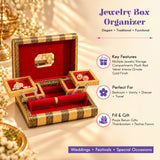 Jewelry box organizer with gold finish ornate detailing and plush red velvet interior for bangles and decorative storage