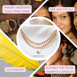 Gold-tone layered necklace displayed with Indian traditional jewelry and dangle chain design