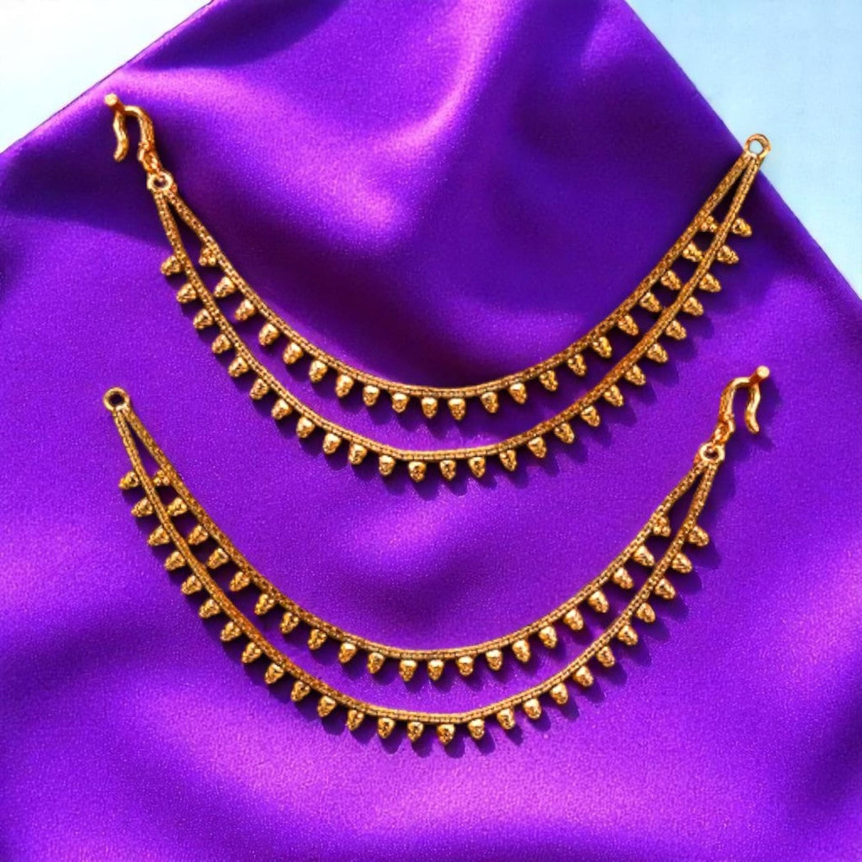 Golden ear chains with droplet embellishments for Indian traditional jewelry and weddings