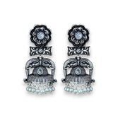 Indian Oxidized Jhumka Earrings for Women - Indian Oxidized Trishul Jhumki Ethnic Shiva Trident Chandbali Earrings Faux Pearls Bollywood Style Floral Dangle Earring Jewelry for Bride - LoveNspire