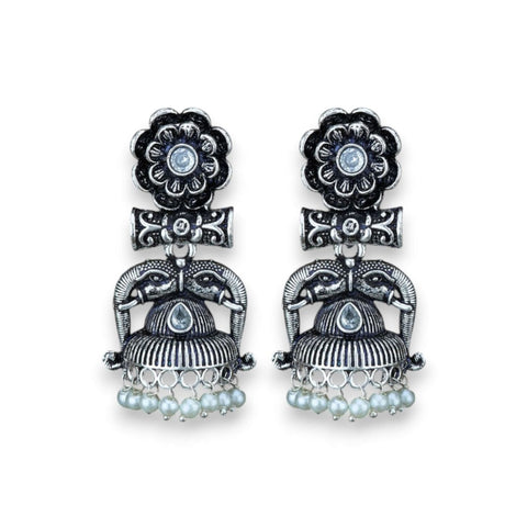 Indian Oxidized Jhumka Earrings for Women - Indian Oxidized Trishul Jhumki Ethnic Shiva Trident Chandbali Earrings Faux Pearls Bollywood Style Floral Dangle Earring Jewelry for Bride - LoveNspire