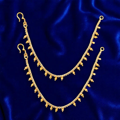 Indian Traditional Ear Chains for Women - Indian Jewellery for Earring Support Long Gold Tone Earring Chain Ear to Hair Chain Jewelry Faux Pearl Hair Accessory Bridal Jewelry for Wedding - LoveNspire