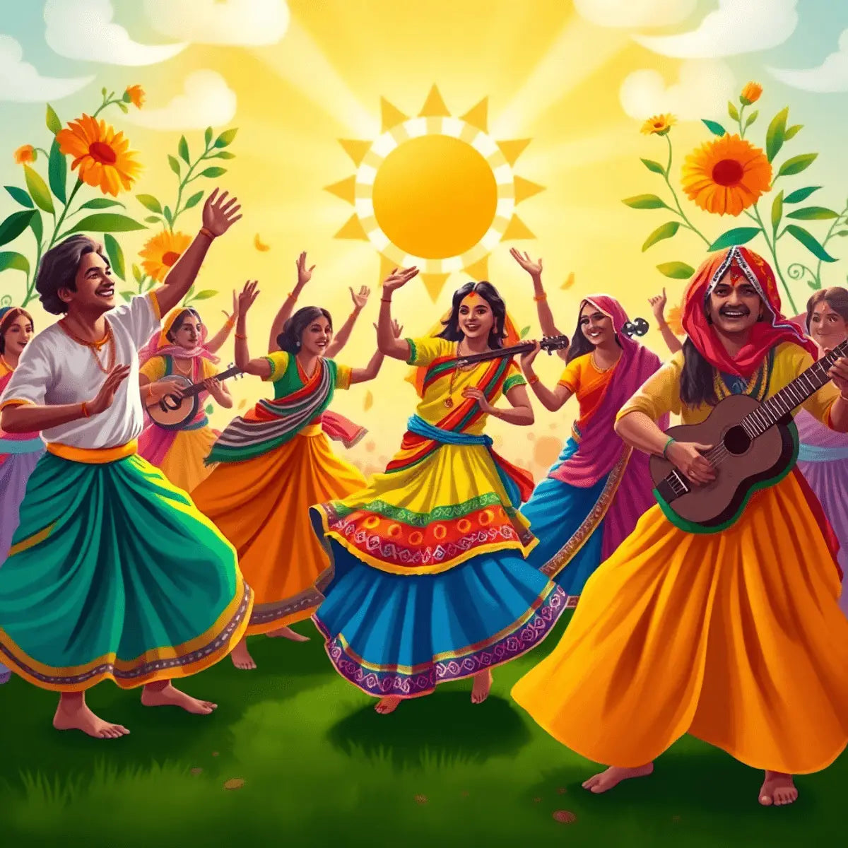 A lively folk dance performance with colorful traditional attire and energetic movements, set against a nature backdrop symbolizing the sun and prosperity, featuring musical instruments.