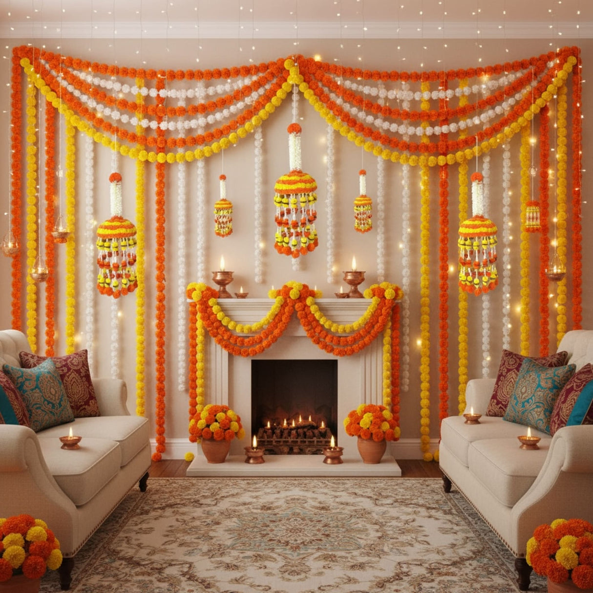 Orange and white floral garland wall decoration with hanging lanterns for Indian and festive celebrations