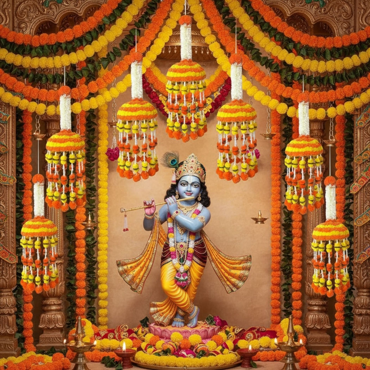 Golden flute-playing deity statue with ornate jewelry and floral garlands for Indian themed party decor