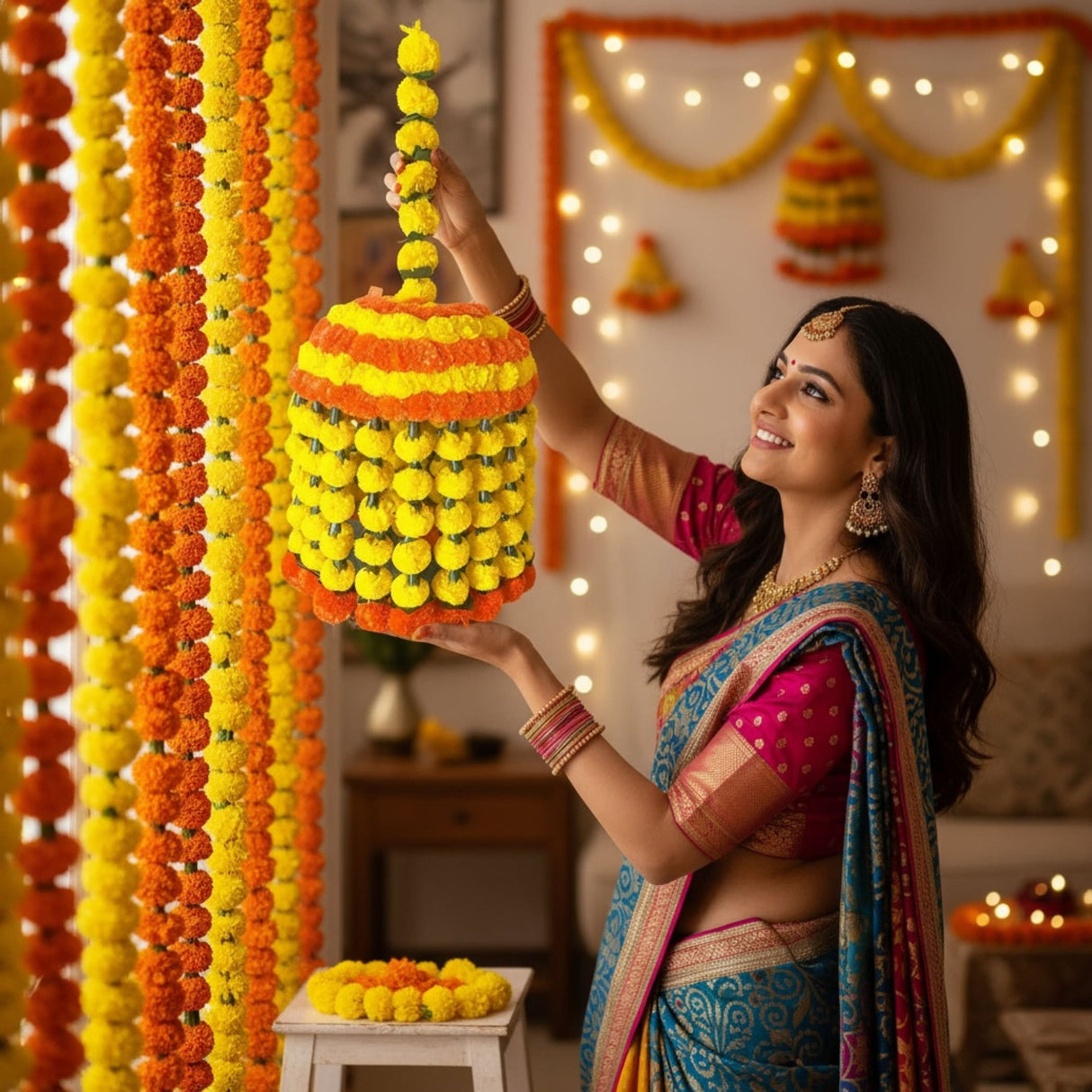 Yellow and orange marigold garland with intricate woven design for Indian and festive decor