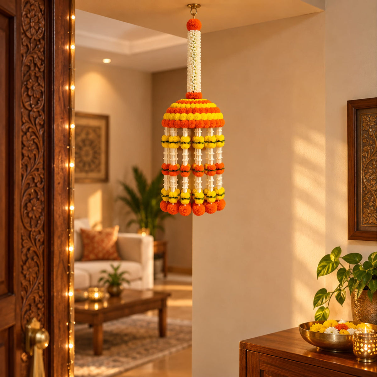 A vibrant orange yellow and white jumbo artificial marigold jhoomer chandelier garland hanging from ceiling for decor