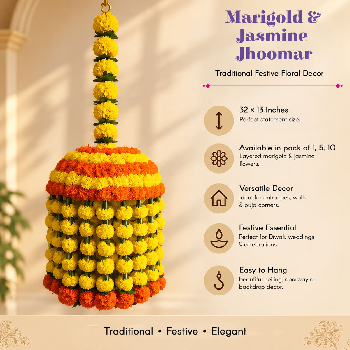 A vibrant jumbo artificial marigold jhoomer chandelier garland with layered yellow and orange flowers for festive decor