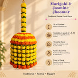 A vibrant jumbo artificial marigold jhoomer chandelier garland with layered yellow and orange flowers for festive decor