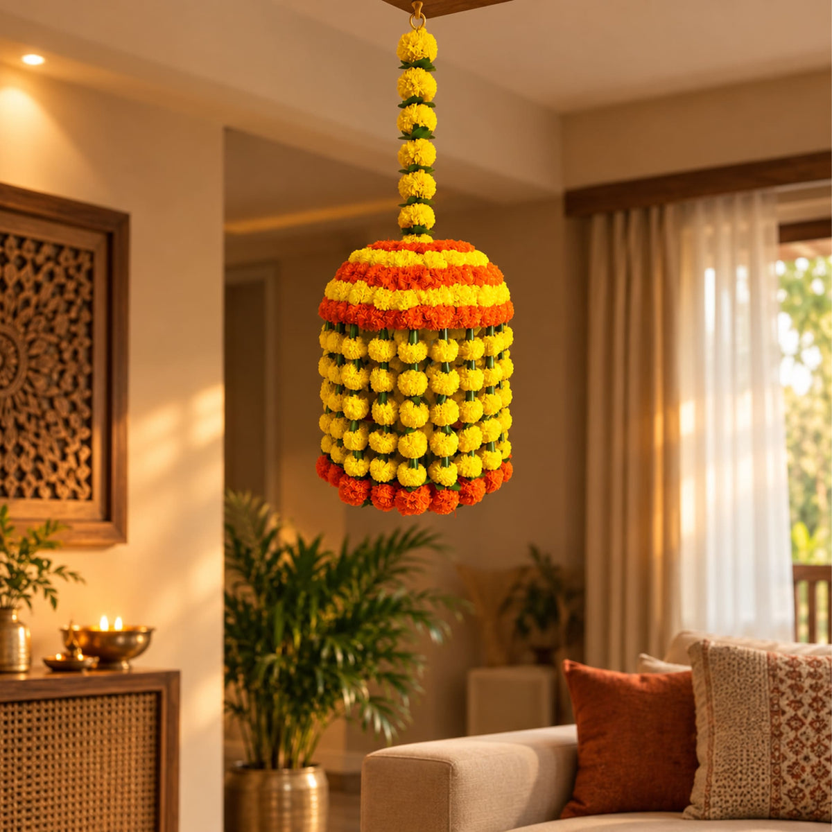 A vibrant jumbo artificial marigold jhoomer chandelier garland with yellow and orange flowers for festive decor