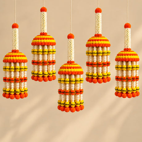 Jumbo artificial marigold jhoomer chandelier garland with vibrant orange and yellow pom-poms and white beads for festive decor
