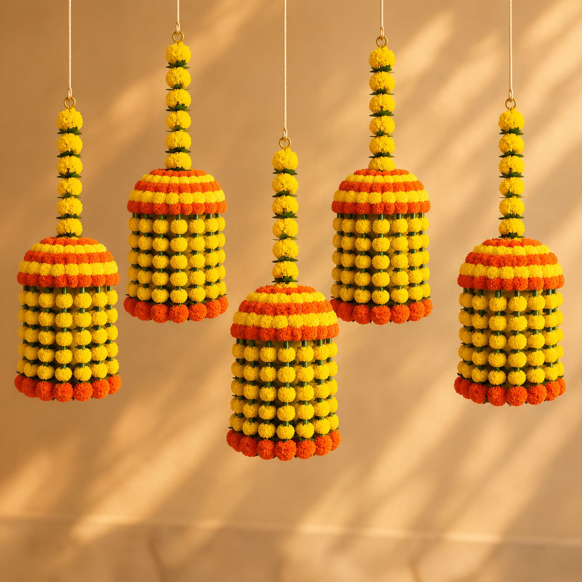 Jumbo artificial marigold jhoomer chandelier garland with vibrant yellow and orange flowers for Diwali and wedding decor