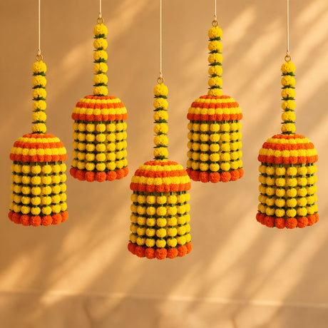 Jumbo artificial marigold jhoomer chandelier garland with vibrant yellow and orange flowers for Diwali and wedding decor