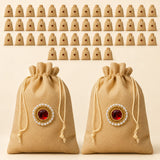 Beige jute potli bags with red gemstone and pearl embellishments ideal for eid gifts and indian wedding favors
