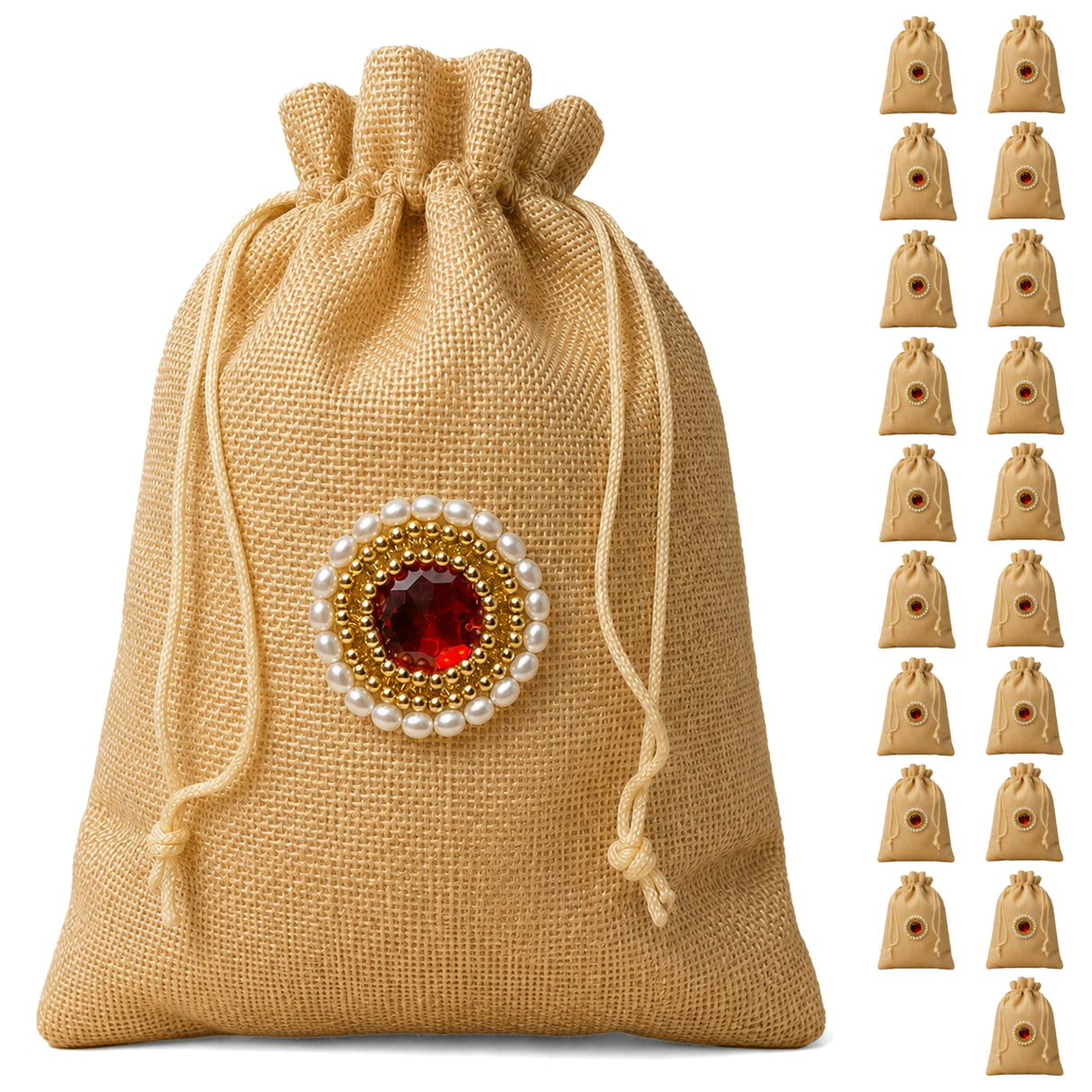 Beige jute potli bag with red gemstone centerpiece pearls and gold beads for indian wedding diwali and gift favors