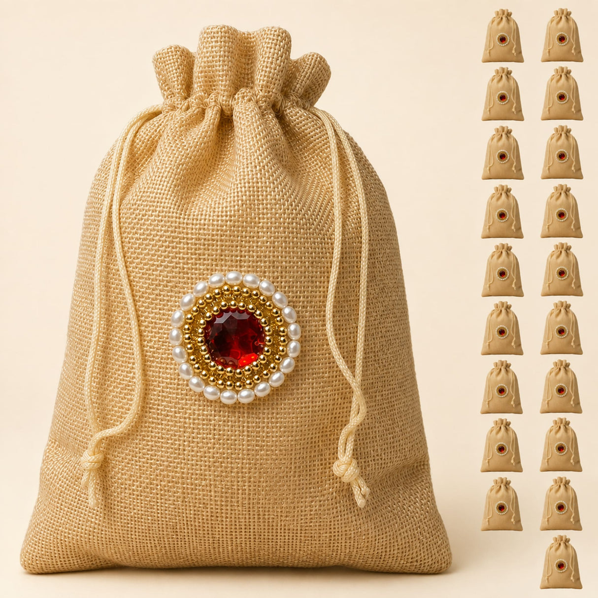 Beige jute potli bag with red gemstone embellishment and gold beads for eid gifts and wedding favors