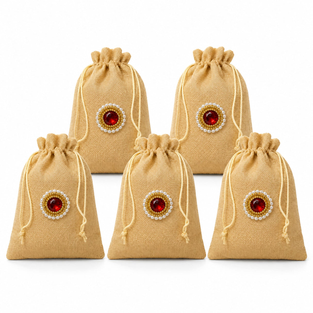 Beige jute potli bags with red gemstone and pearl embellishments ideal for eid gifts and indian wedding favors