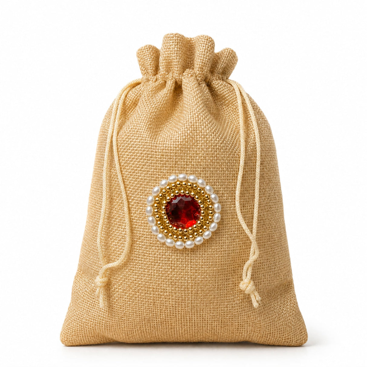 Beige jute potli bag with drawstring and red gemstone pearl embellishment for indian wedding and eid gifts