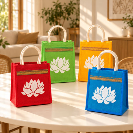 Three colorful red green and blue printed jute burlap tote gift bags with white lotus prints and gold trim ideal for traditional indian favors