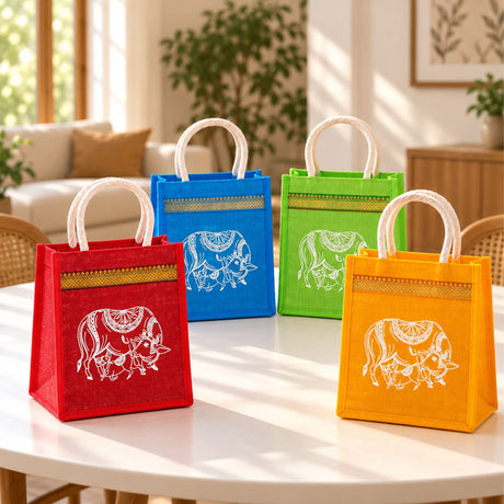 Brightly colored red blue green and orange printed jute burlap tote gift bags with white embroidered elephants and gold trim ideal for Indian favors