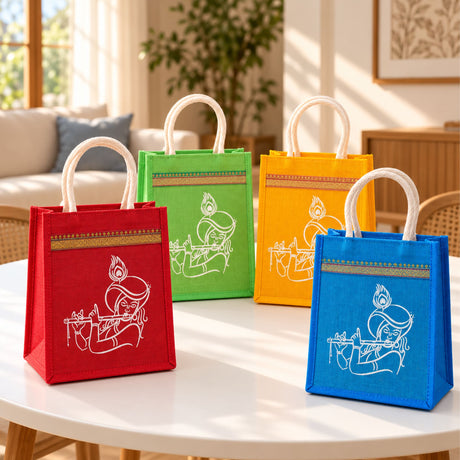 Printed red green yellow and blue jute burlap tote gift bags with white line-art flute-playing figure for indian favors