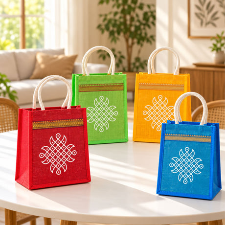 Brightly colored printed jute burlap tote bags with white geometric patterns and gold trim for traditional Indian gifts
