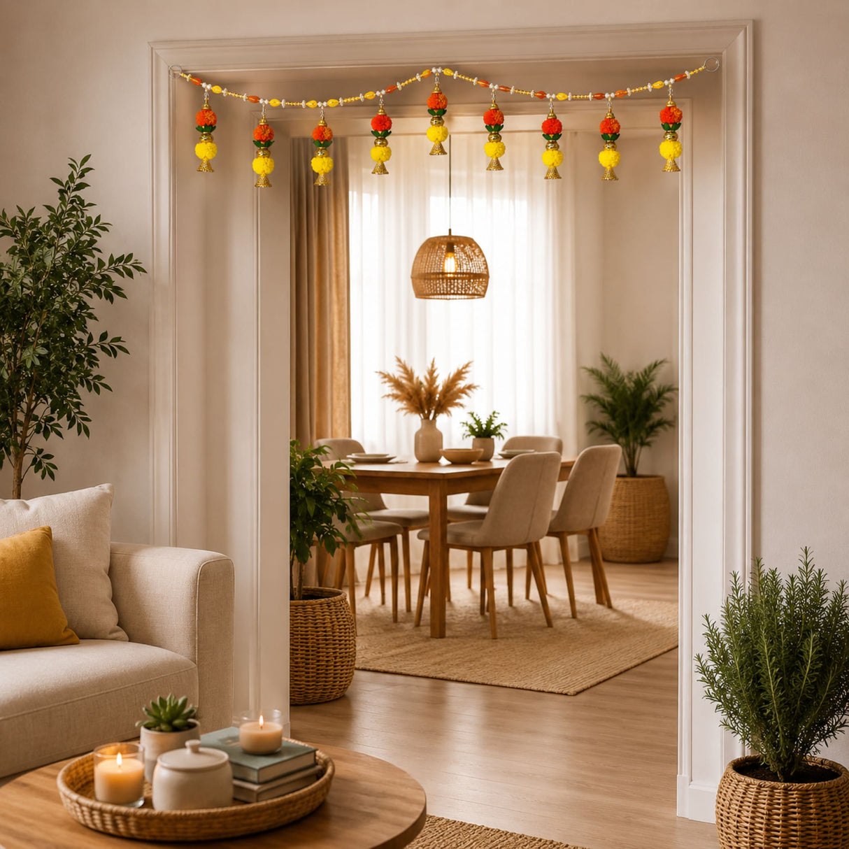 Kalash bead door toran with vibrant red and yellow decorative lanterns featuring golden tassels for festive decor