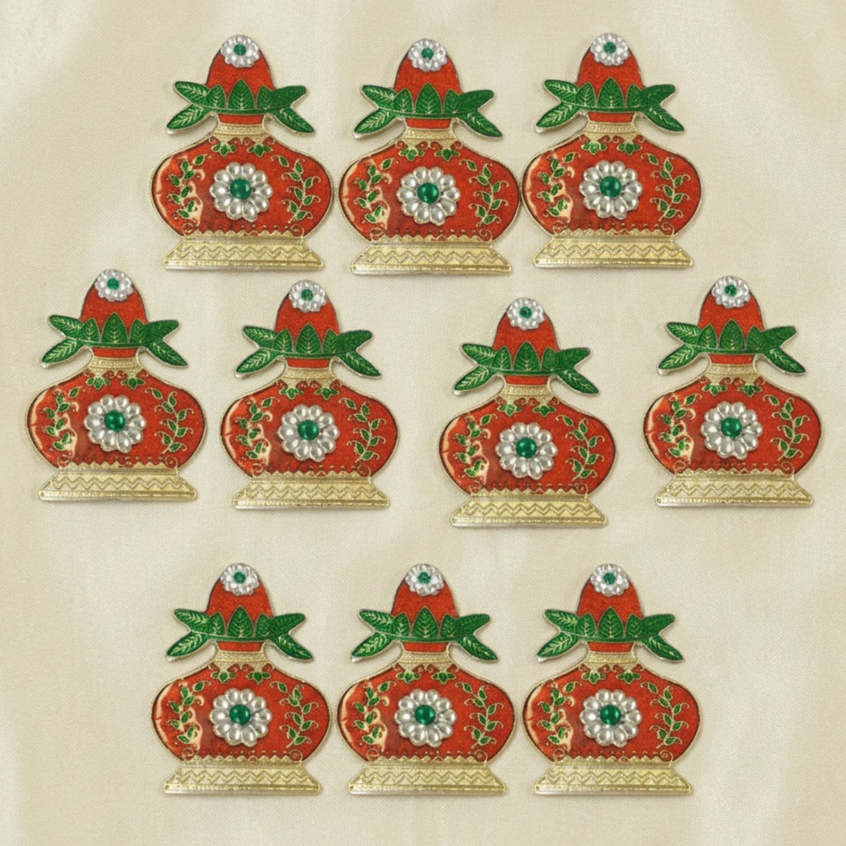 Kalash haldi kumkum holder decorative red and green appliqués with silver floral details and gold trimmed bases for pooja rituals