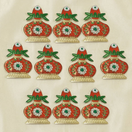 Kalash haldi kumkum holder decorative red and green appliqués with silver floral details and gold trimmed bases for pooja rituals