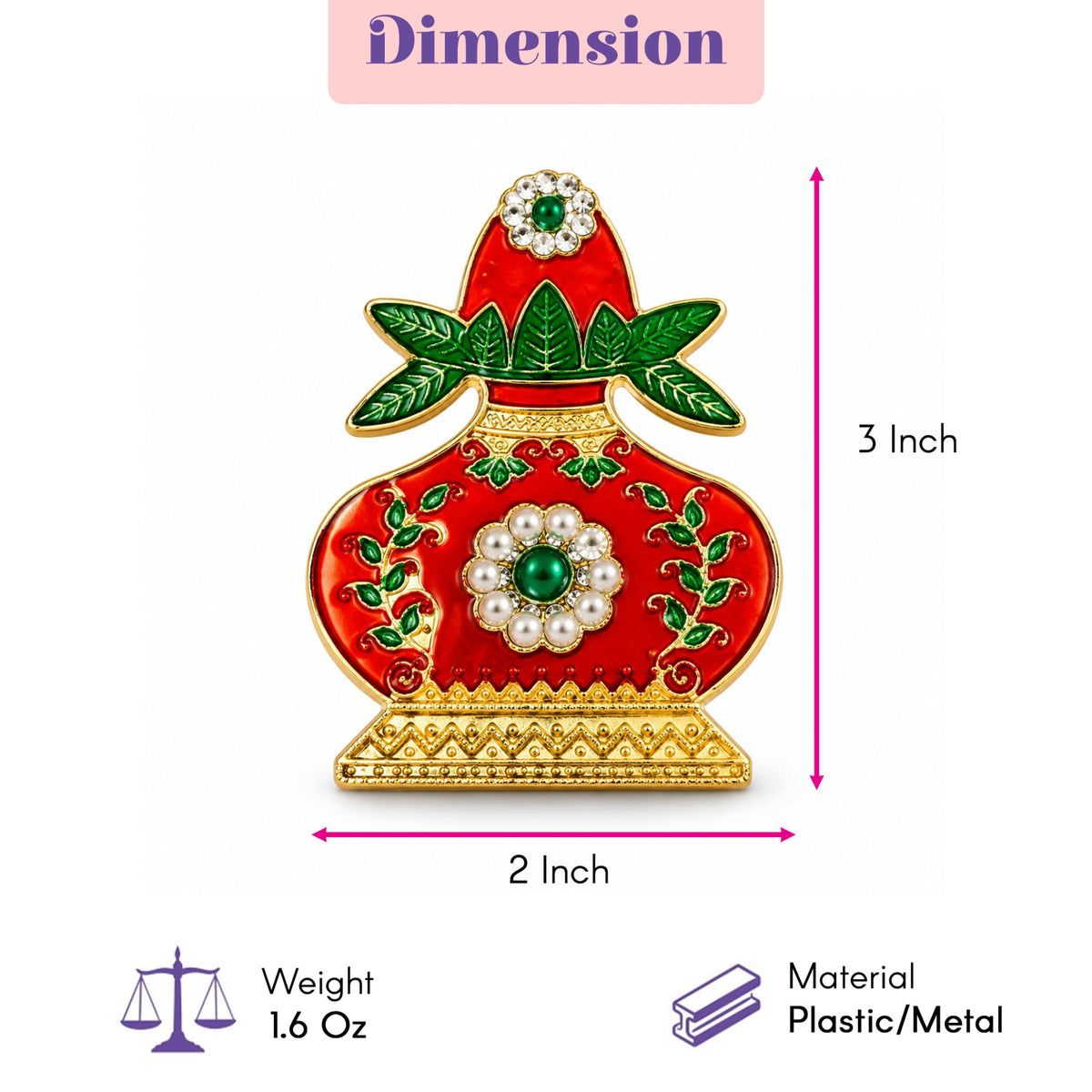 Decorative kalash haldi kumkum holder with red gold ornate perfume bottle pin green leaf emerald pearls crystals for pooja