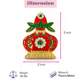 Decorative kalash haldi kumkum holder with red gold ornate perfume bottle pin green leaf emerald pearls crystals for pooja