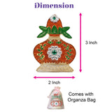 Decorative kalash haldi kumkum holder pot-shaped pin in orange gold with emerald and white crystal for pooja thali