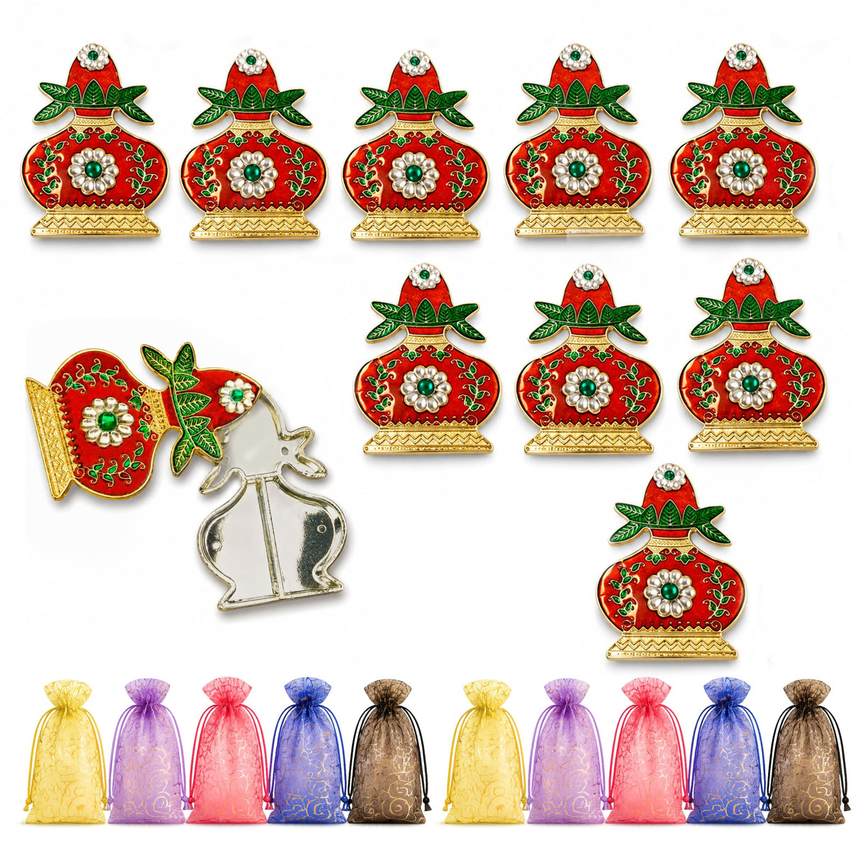 Decorative red and gold kalash haldi kumkum holder pin with green leaves white flowers and emerald center for pooja thali