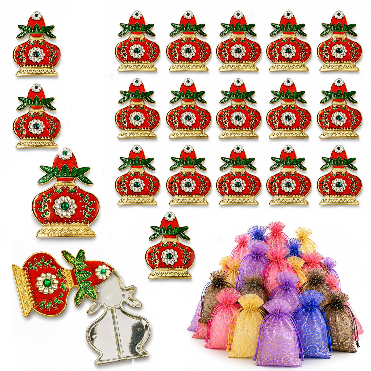 Decorative kalash haldi kumkum holder with red and gold bottle-shaped pins green leaf accents and central emerald stone