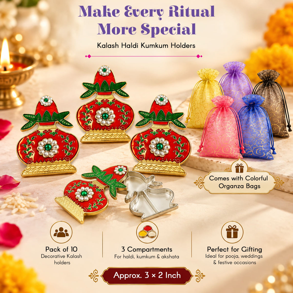 Decorative red and gold kalash haldi kumkum holder with jeweled centers and green leaf accents for pooja thali and gifts